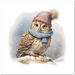 Adorable cute owl wearing a hat and scarf Posters and Art